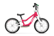 A pink Woom GO 1 PLUS Kids Balance Bike with 14-inch wheels, designed for children aged 3 and up.