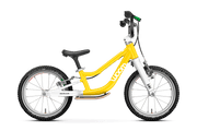 A yellow Woom GO 1 PLUS Kids Balance Bike with 14-inch wheels, designed for children aged 3 and up.