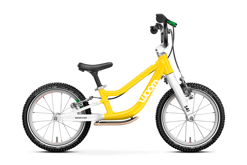 A yellow Woom GO 1 PLUS Kids Balance Bike with 14-inch wheels, designed for children aged 3 and up.