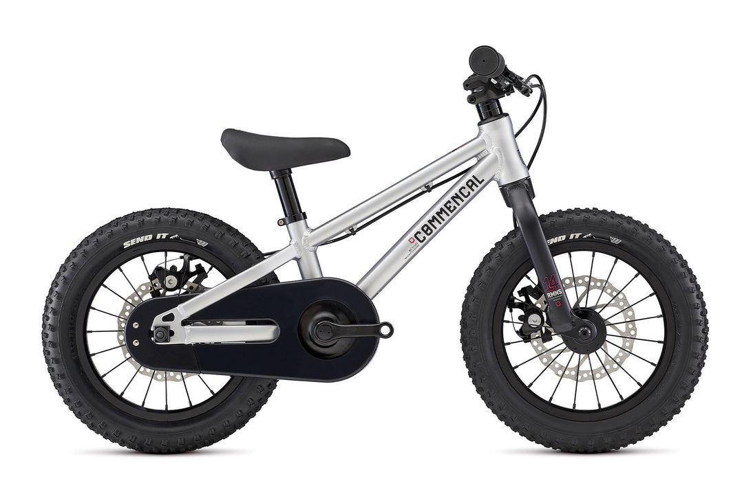 2022 Commencal Ramones 14" Mountain Bike with disc brakes in Silver side viewCommencal Ramones 14 Kids Mountain Bike (Single Speed)